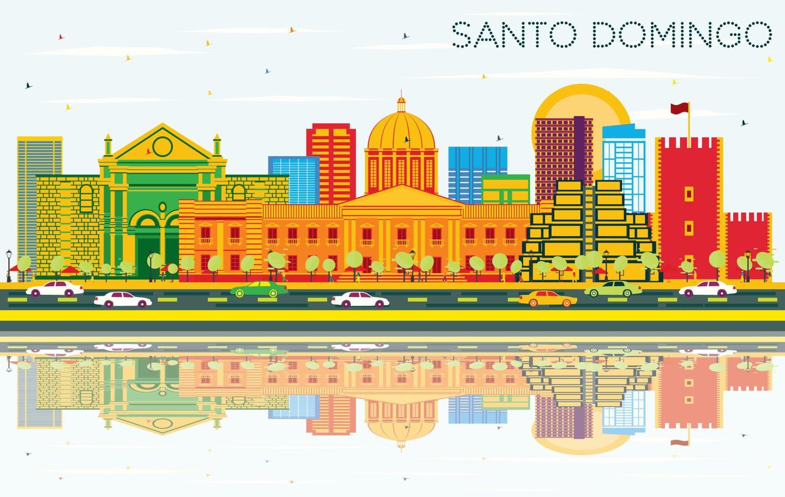 santo domingo dominikanische republik skyline mit farbigen gebäuden, blauem himmel und reflexionen. vektor