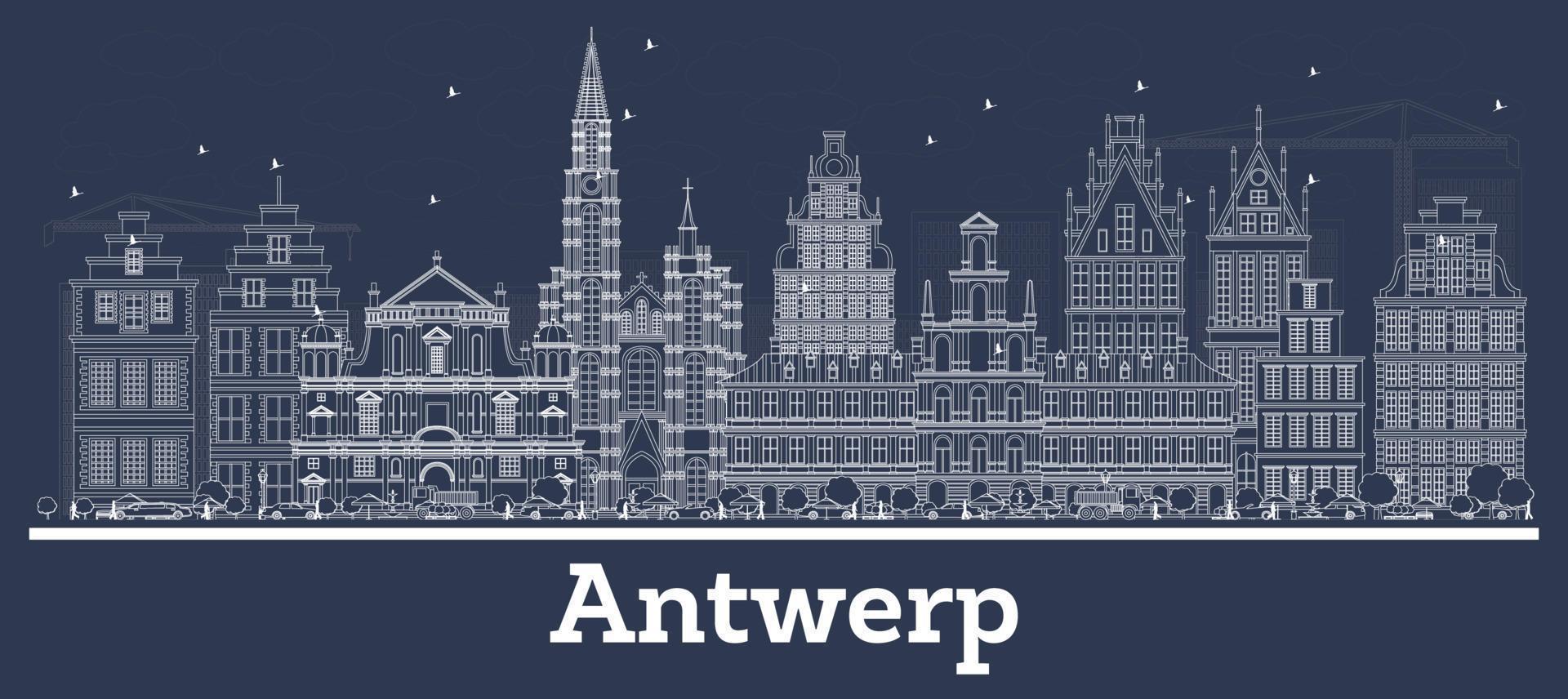 skizzieren sie die skyline der stadt antwerpen belgien mit weißen gebäuden. vektor