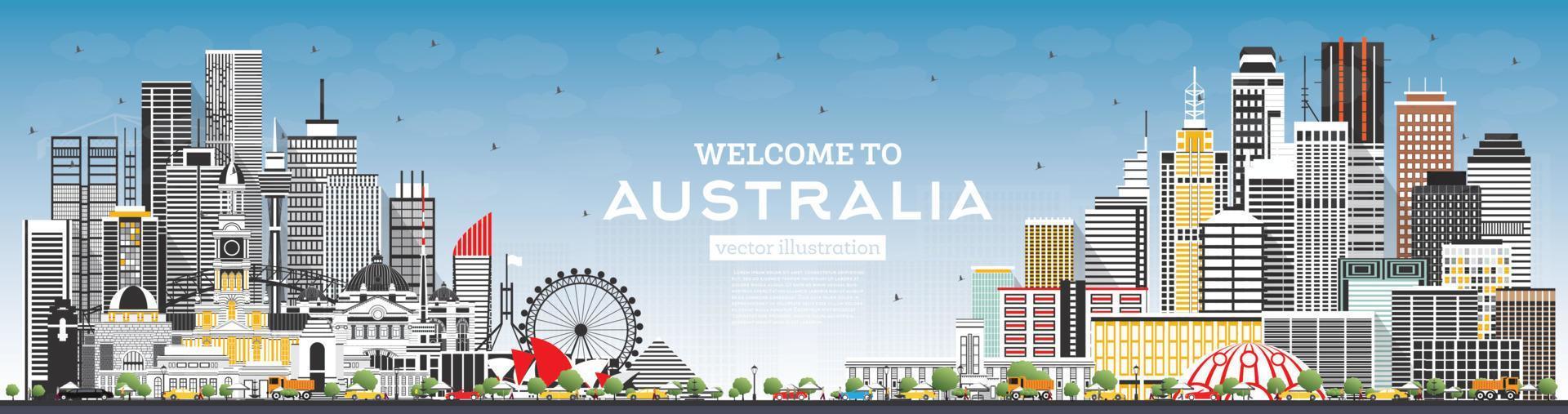 willkommen in der australien-skyline mit grauen gebäuden und blauem himmel. vektor