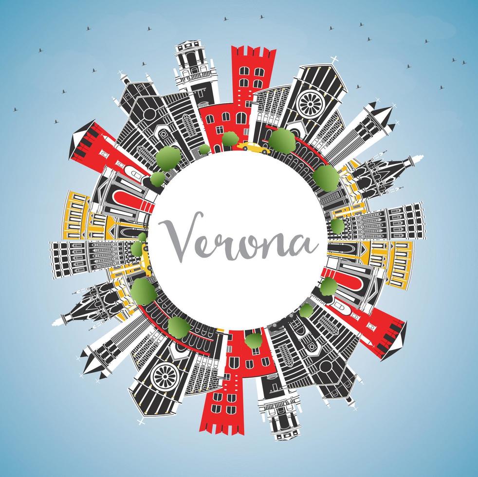 verona italien stadtskyline mit farbigen gebäuden, blauem himmel und kopierraum. vektor