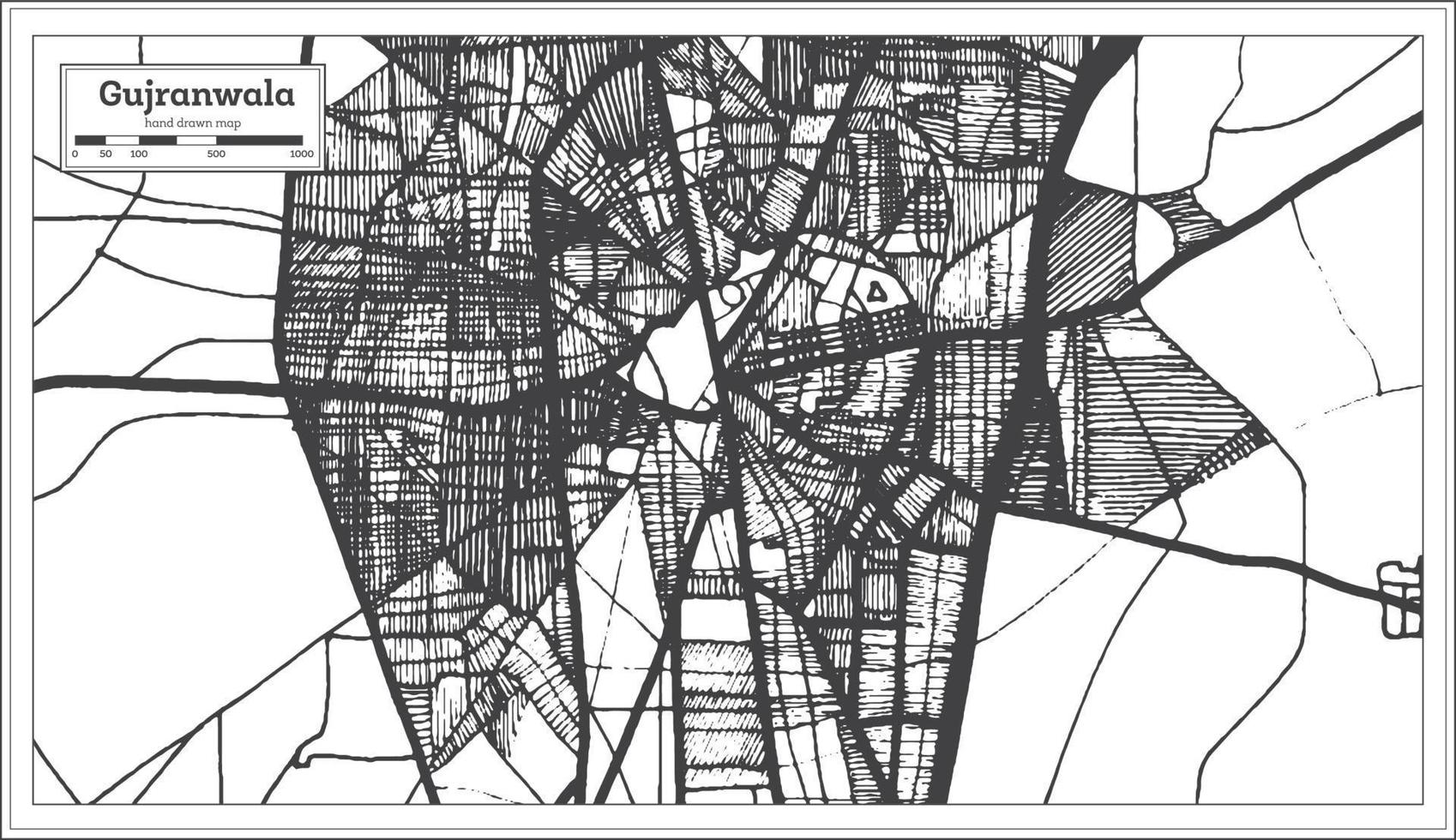 gujranwala pakistan stadtplan im retro-stil in schwarz-weißer farbe. Übersichtskarte. vektor