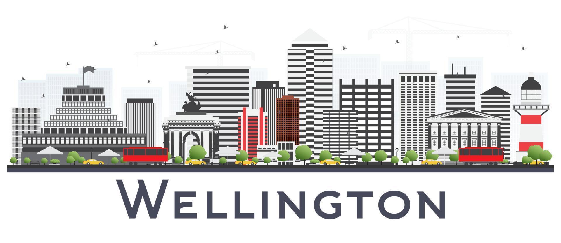 wellington ny zealand stad horisont med grå byggnader isolerat på vit bakgrund. vektor