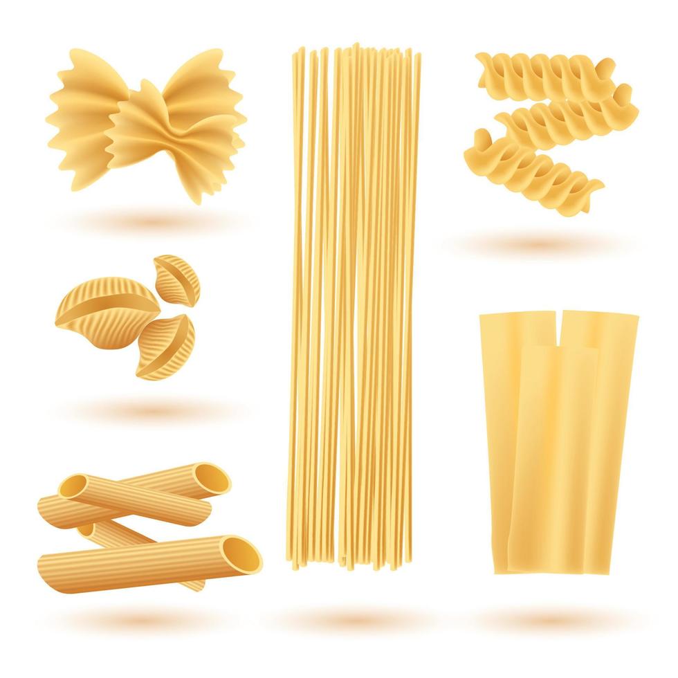 isolerat uppsättning av italiensk pasta. farfalle, conchiglie, linguine, maccheroni, penne. vektor