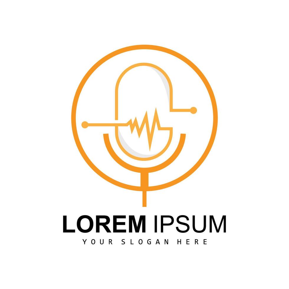 radio podcast logotyp, mikrofon illustration, stämpel ikon bricka vektor design