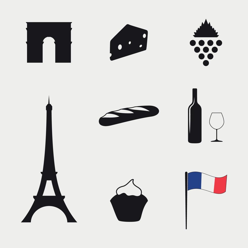 Reihe von Symbolen zu einem Thema Frankreich, isoliert, Silhouette vektor