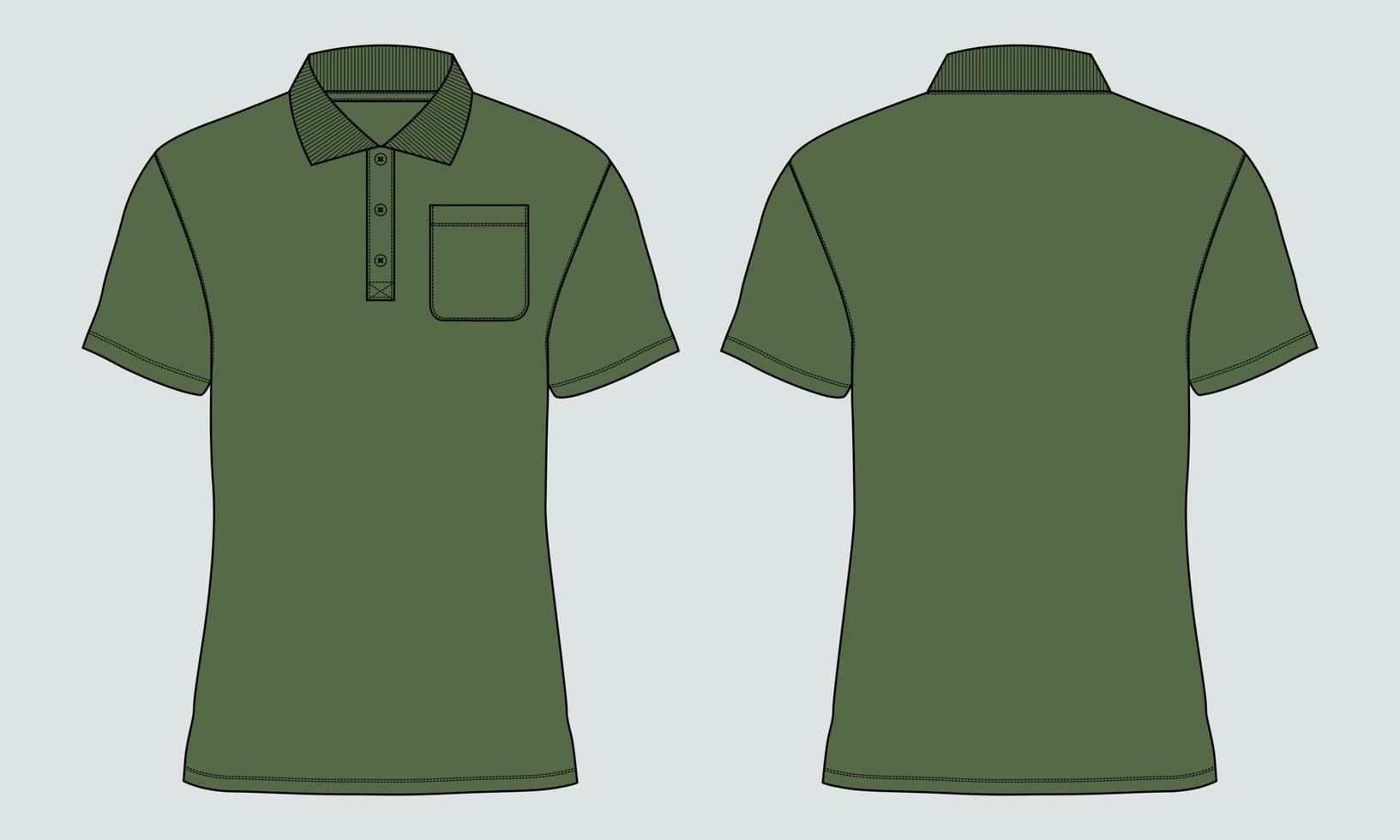 Kurzarm-Poloshirt insgesamt technische Modezeichnung flache Skizzenvorlage Vorder- und Rückansicht. Kleidung Kleid Design Vektor-Illustration Mock-up Polo-T-Shirt vektor