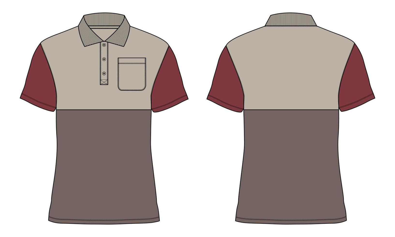 Kurzarm-Poloshirt insgesamt technische Modezeichnung flache Skizzenvorlage Vorder- und Rückansicht. Kleidung Kleid Design Vektor-Illustration Mock-up Polo-T-Shirt vektor