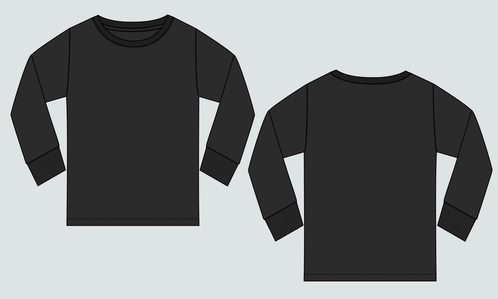 Langarm-T-Shirt technische Mode flache Skizze Vektor Illustration Vorlage Vorder- und Rückansichten.