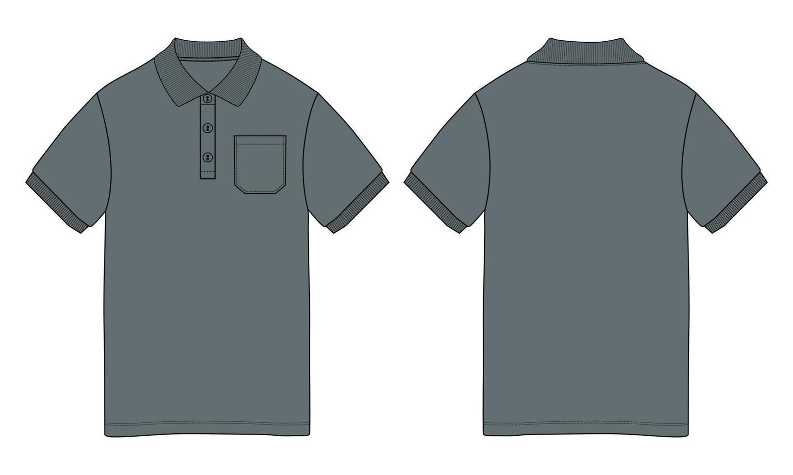 kort ärm polo skjorta övergripande teknisk mode teckning platt skiss mall främre och tillbaka se. kläder klänning design vektor illustration falsk upp polo tee