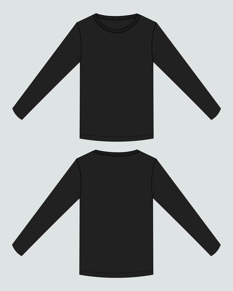 Langarm-T-Shirt technische Mode flache Skizzenvektorvorlage Vorder- und Rückansicht. vektor