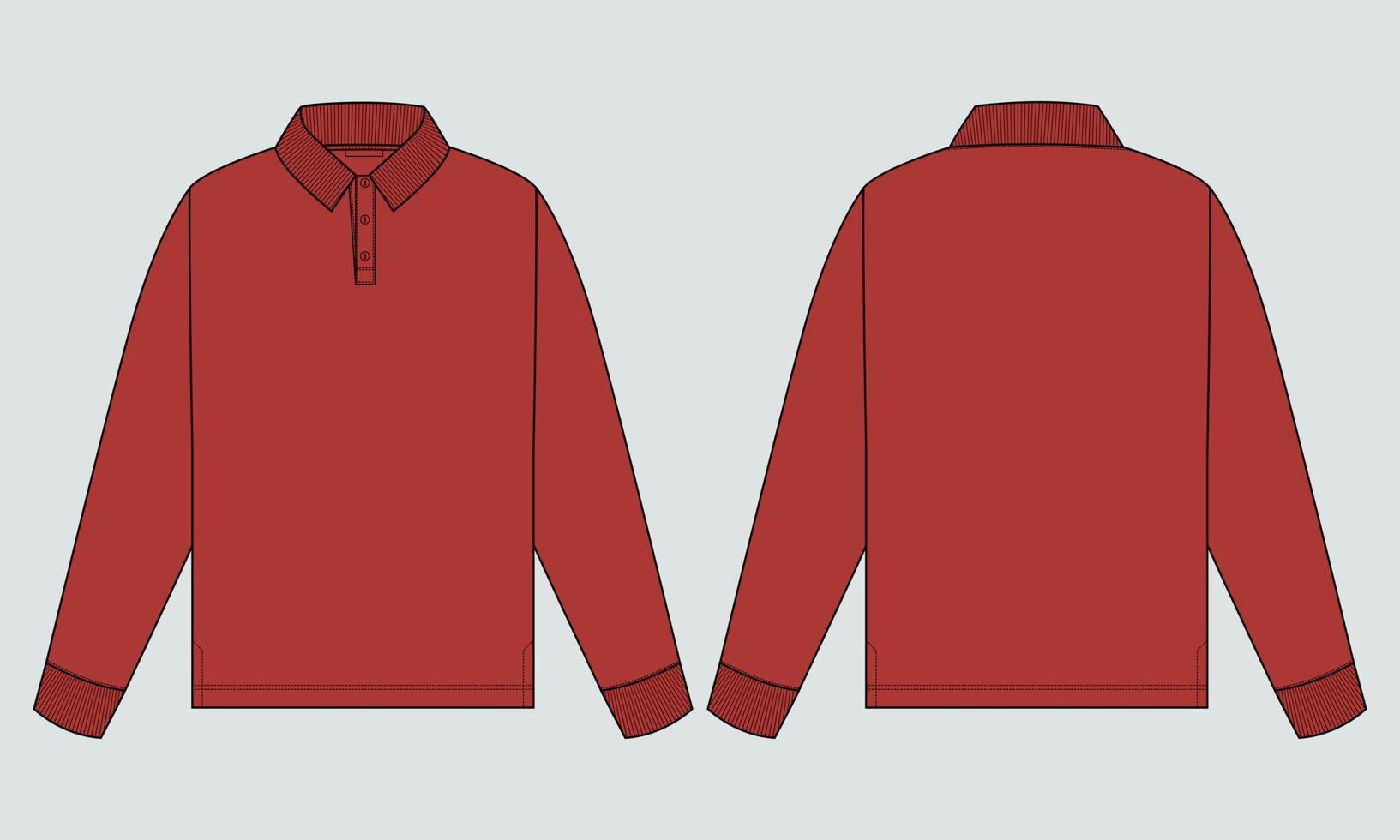 Langarm-Poloshirt technische Mode flache Skizze Vektor Illustration Vorlage Vorder- und Rückansichten.