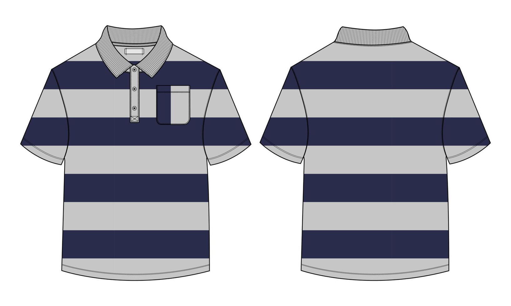 Kurzarm-Poloshirt mit ganzflächigem Garnfarbstoff-Streifen technische Mode flache Skizzenvektor-Illustrationsschablonen-Vorder-, Rückansichten vektor