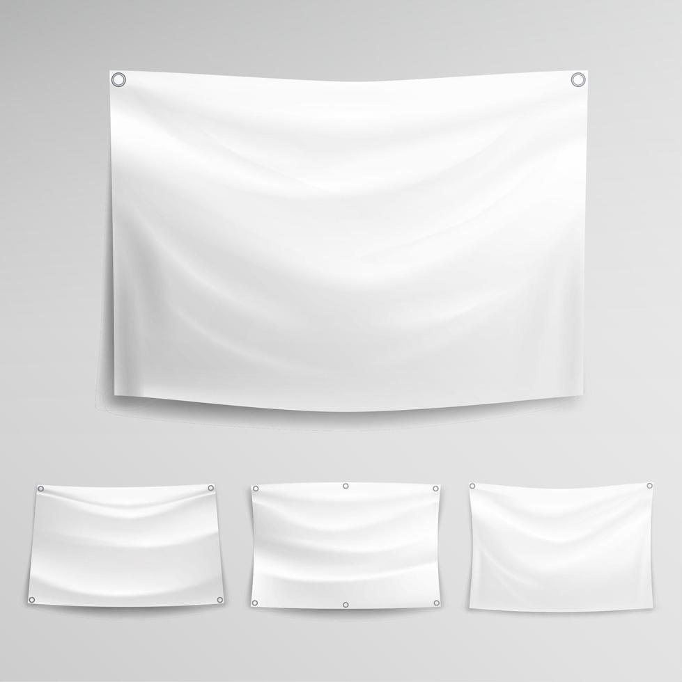 weißer Banner-Set-Vektor. horizontal hängende banner verspotten textil, stoff oder nylon. vektor