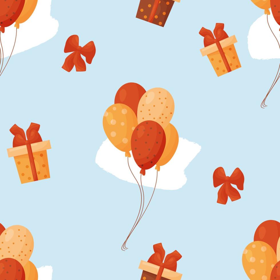 nahtloses muster mit luftballons, geschenken und bögen auf blauem hintergrund. vektorillustration für feiertagskollektion, geburtstag, dekor, verpackung, design, druck, tapeten und textilien. vektor