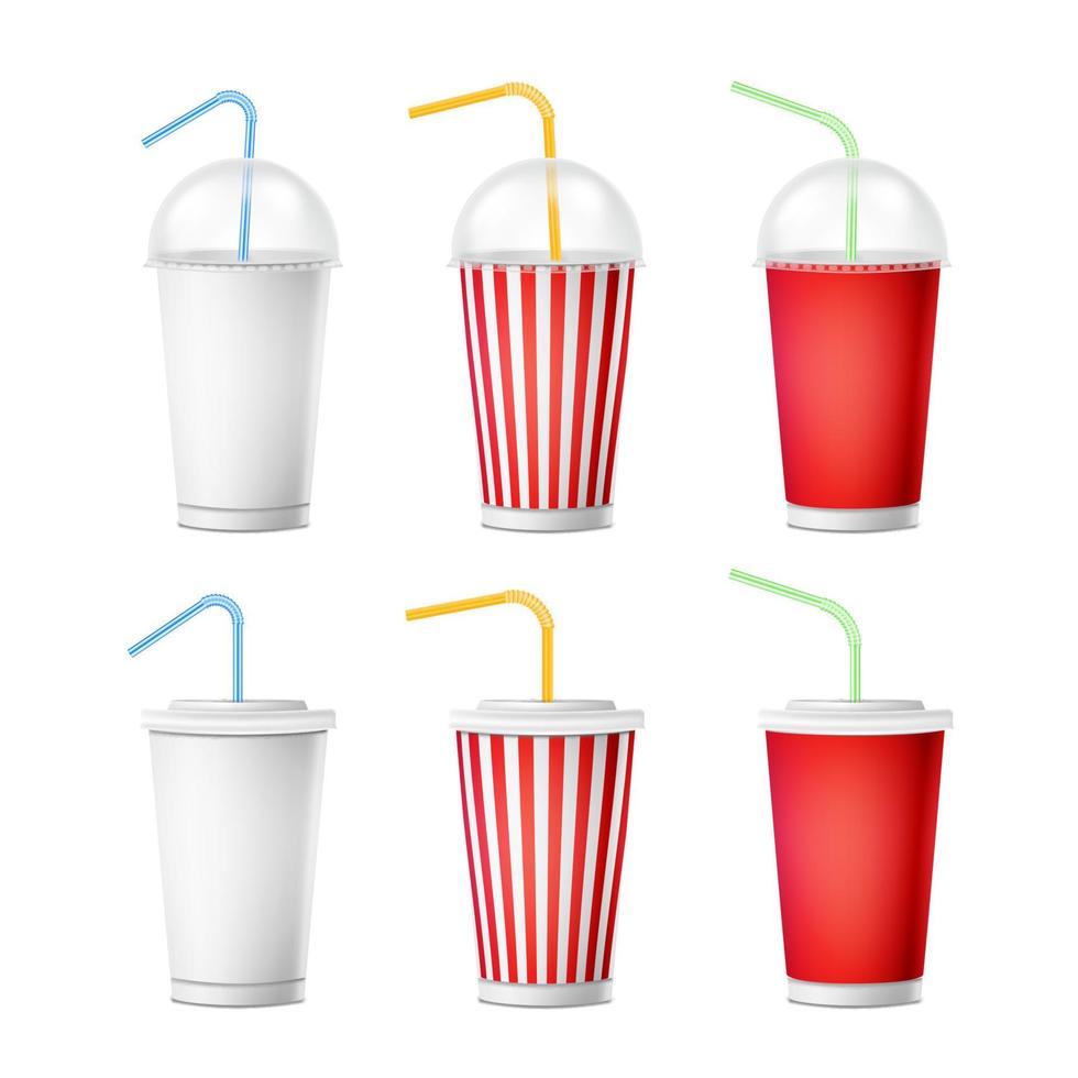 Soda-Cup-Vorlagenvektor. 3D realistische Einwegbecher aus Papier für Getränke mit Trinkhalm. isoliert auf weißem Hintergrund. Verpackungsillustration vektor