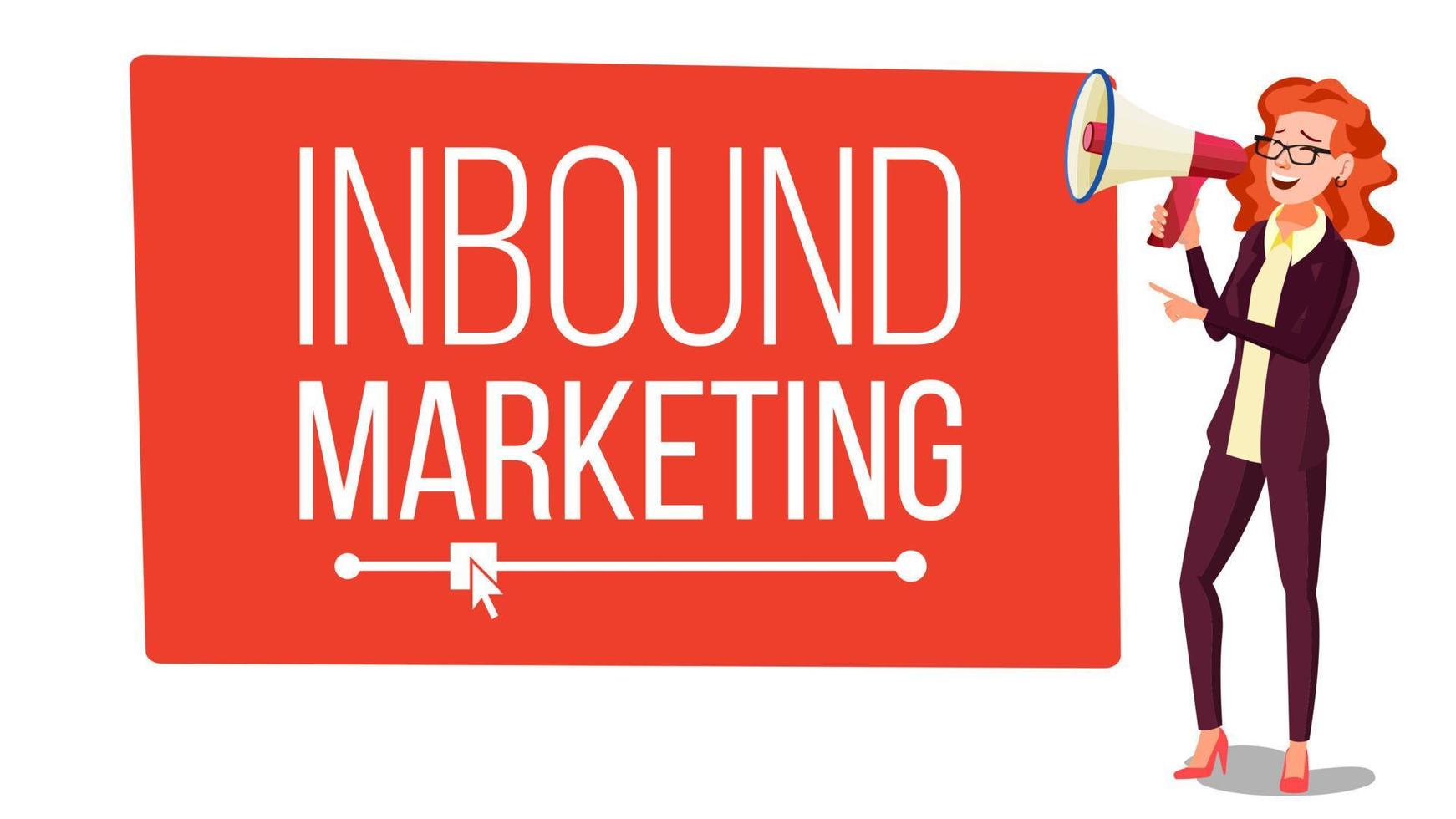 Inbound-Marketing-Banner-Vektor. Frau mit Megaphon. Platz für Texte. Lautsprecher. Webseiten, soziale Netzwerke, Aufruf zum Handeln. Sprechblase. isolierte Abbildung vektor