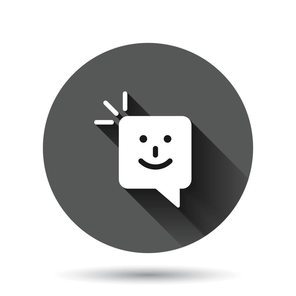 Fröhliches SMS-Symbol im flachen Stil. Nachrichtensprechblasen-Vektorillustration auf schwarzem rundem Hintergrund mit langem Schatteneffekt. Umschlag-Kreis-Schaltfläche Geschäftskonzept. vektor