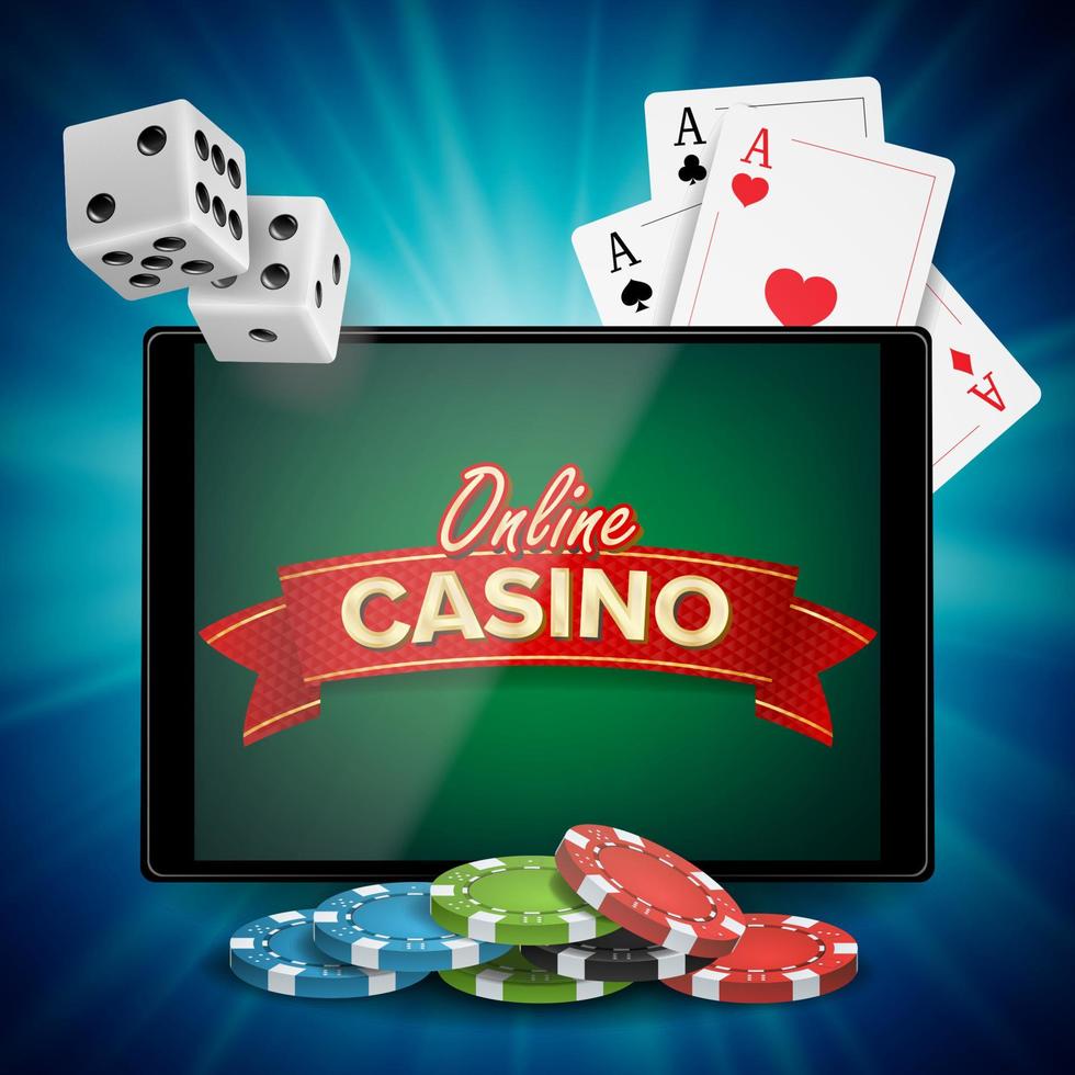 Online-Casino-Vektor. Banner mit Tablet. helle Chips, Dollarmünzen. Jackpot-Casino-Werbetafel, Beschilderung, Marketing-Luxus-Poster-Illustration. vektor