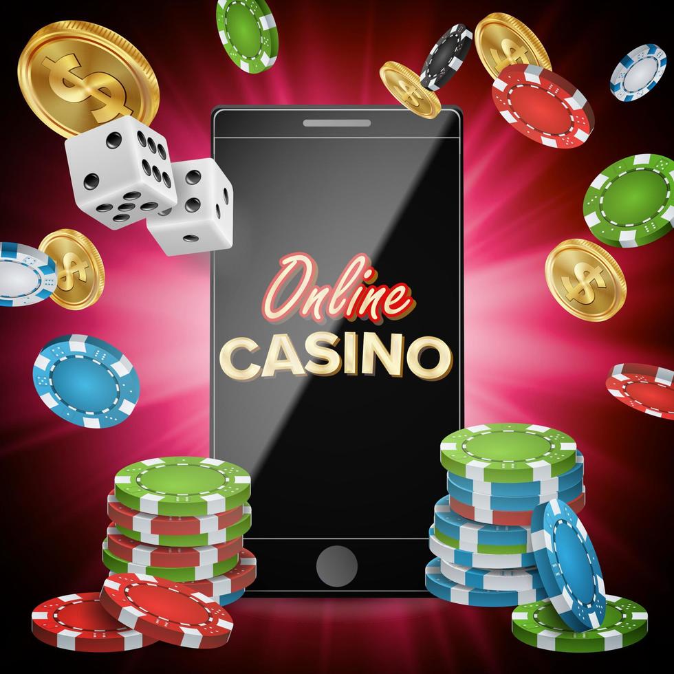 Online-Casino-Vektor. Banner mit Handy. Würfel spielen, Dollarmünzen. Gewinner Glückssymbol. Illustration vektor