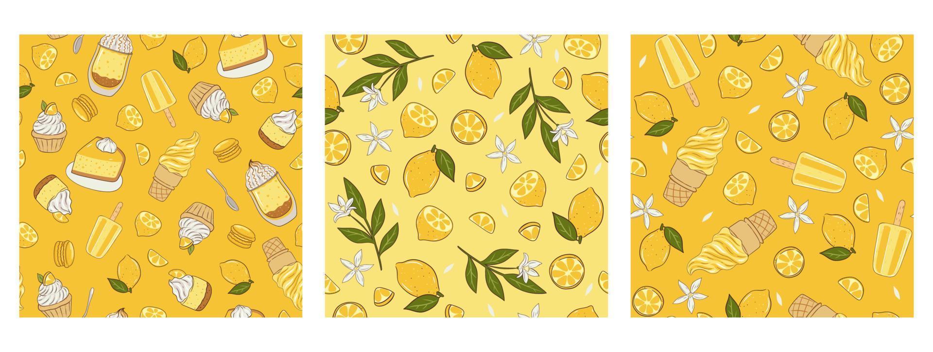 uppsättning av mönster med citroner och desserter. vektor grafik.