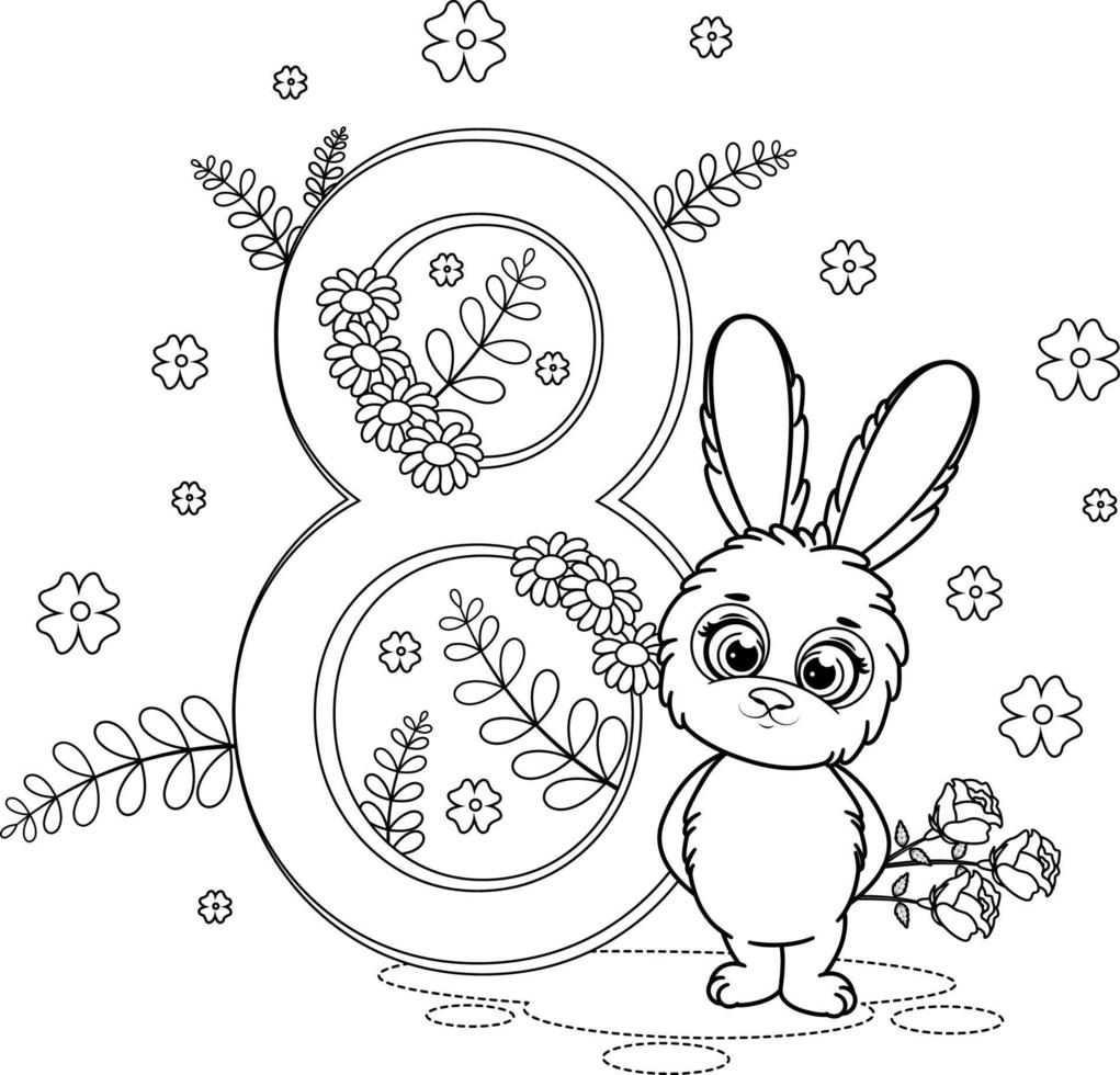 färg sida. söt kanin med blommor och siffra 8 vektor
