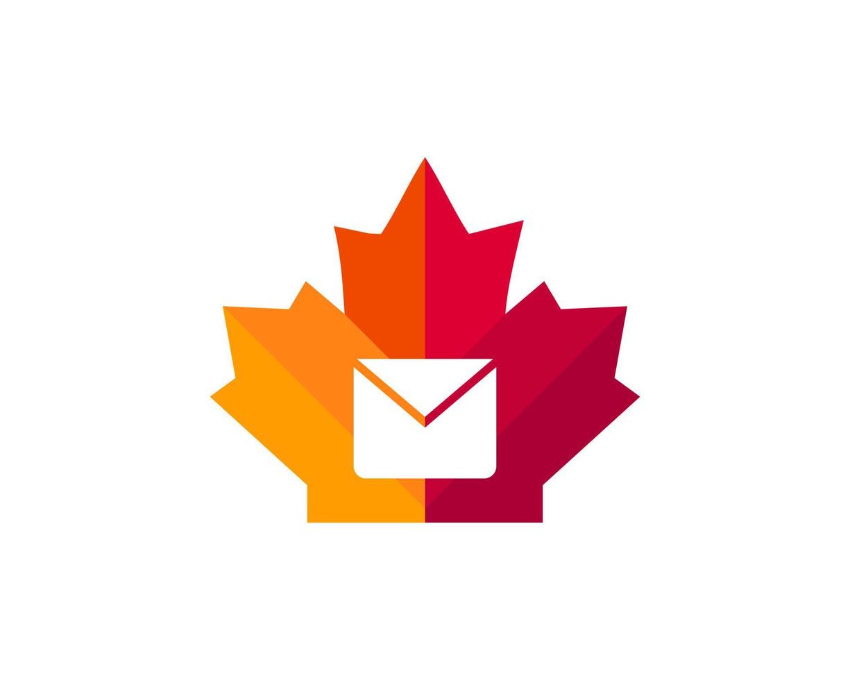 Logo-Design aus Ahorn-Nachricht. kanadisches Nachrichtenlogo. rotes Ahornblatt mit Mitteilungskonzeptvektor vektor