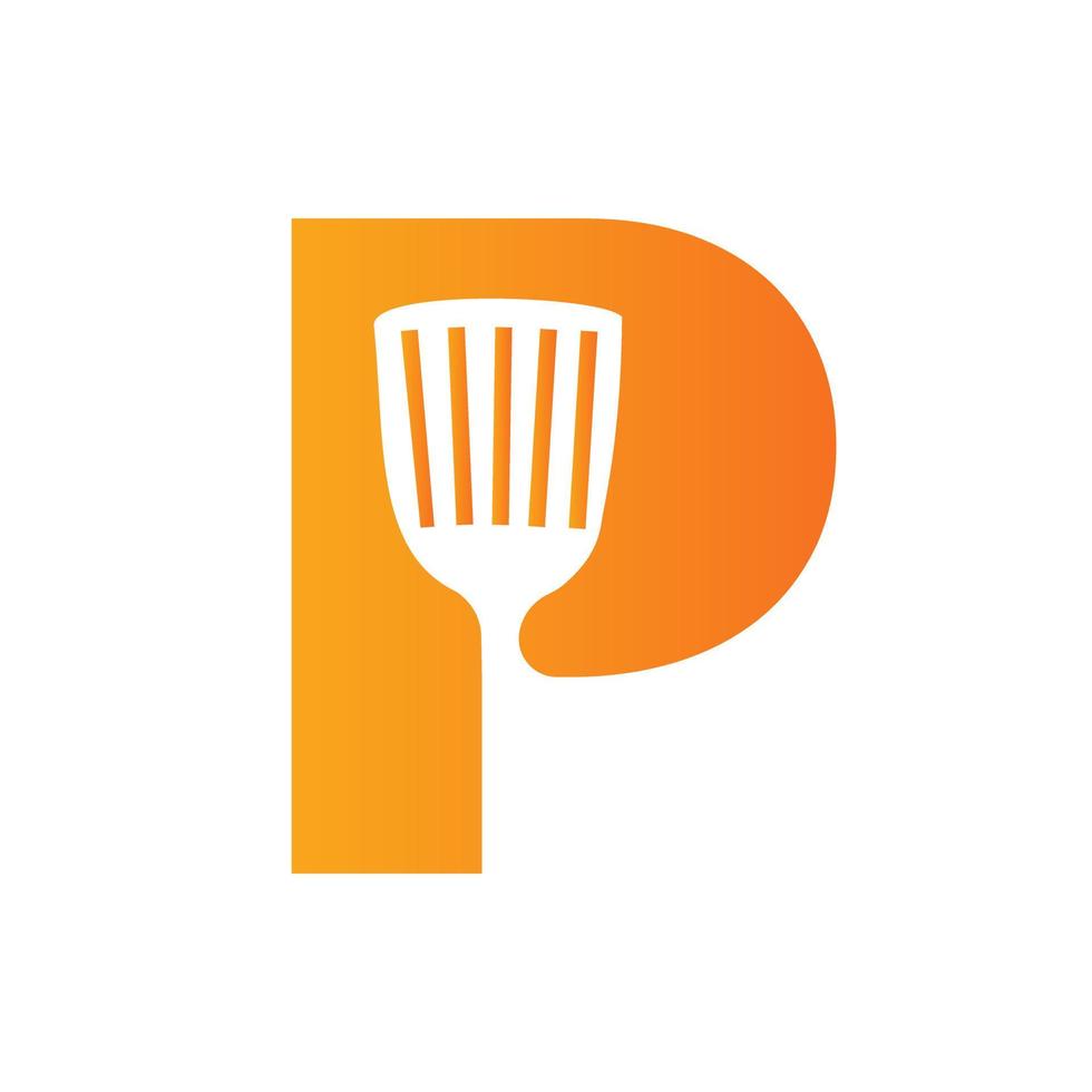 buchstabe p küchenspatel logo. Küchenlogodesign kombiniert mit Küchenspatel für Restaurantsymbol vektor