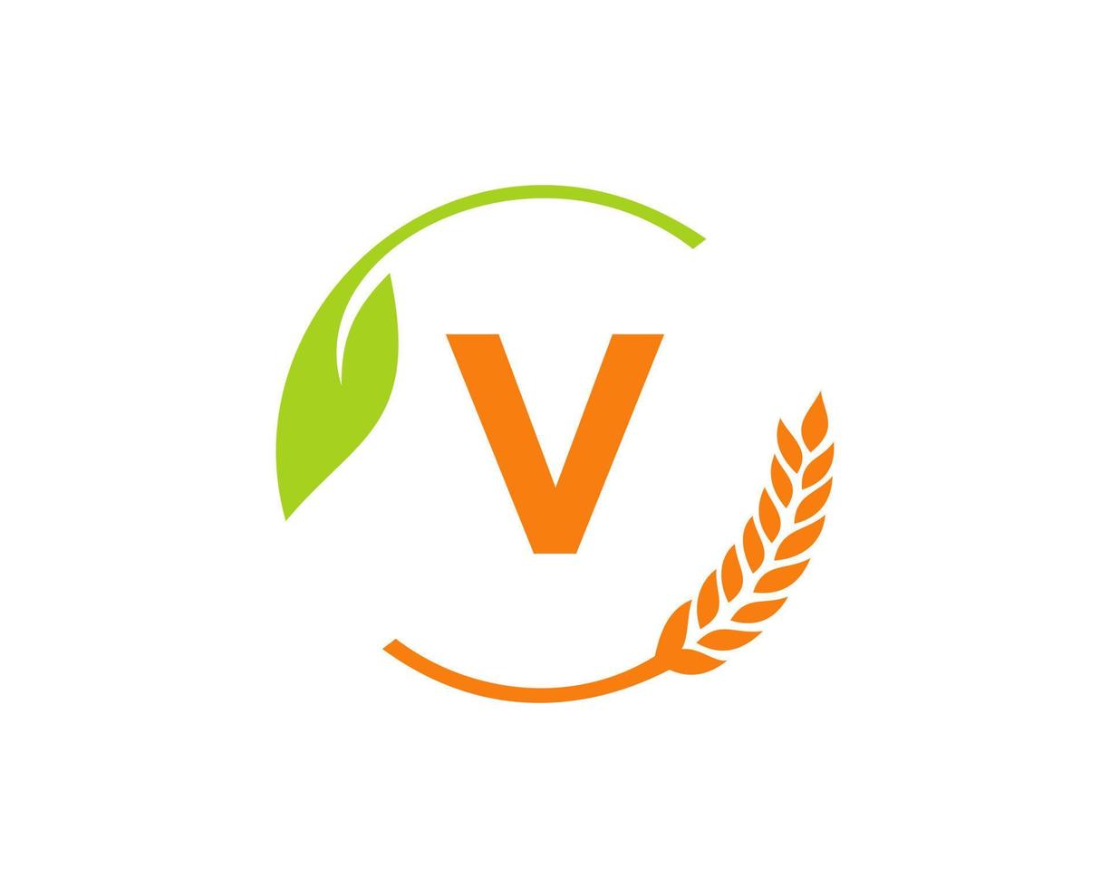 landwirtschaftslogo auf v-buchstabenkonzept. Logo-Design für Landwirtschaft und Landwirtschaft. Agribusiness, Öko-Bauernhof und ländliches Landdesign vektor
