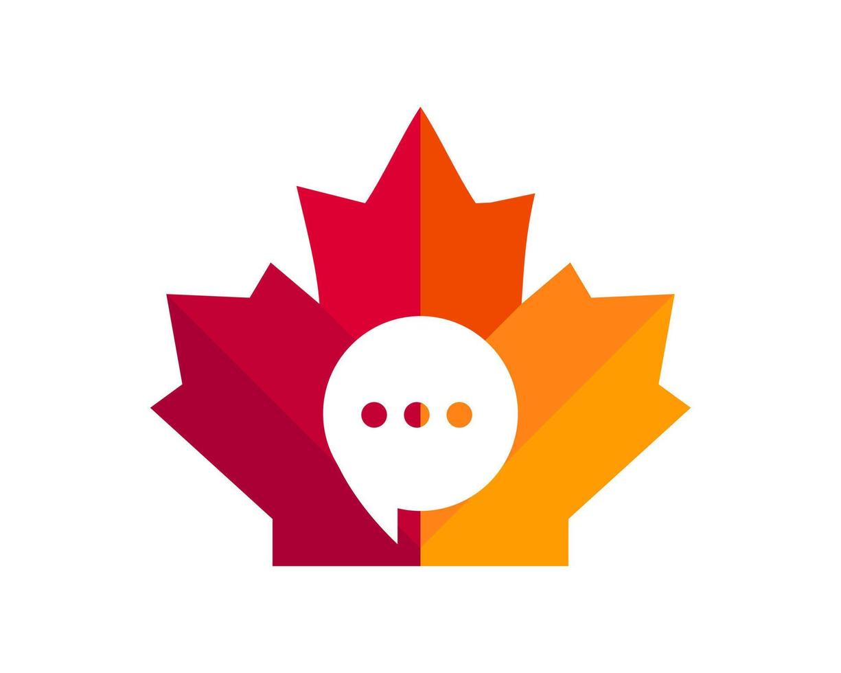 lönn chatt logotyp design. kanadensisk kommunikation logotyp. röd lönn blad med chatt begrepp vektor