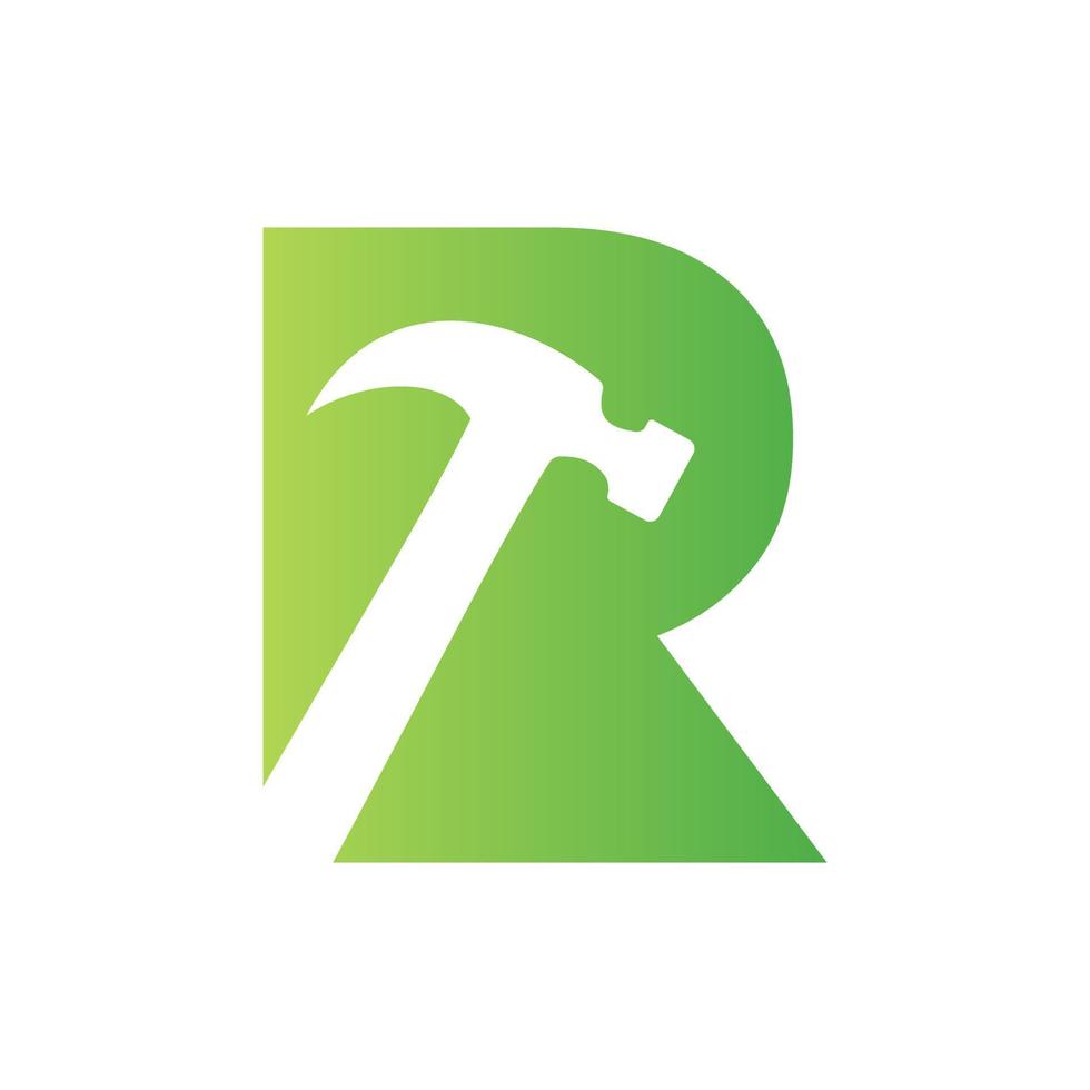 buchstabe r hammer logo konzept für bau, holzbearbeitungsunternehmen reparatursymbol vektorvorlage vektor