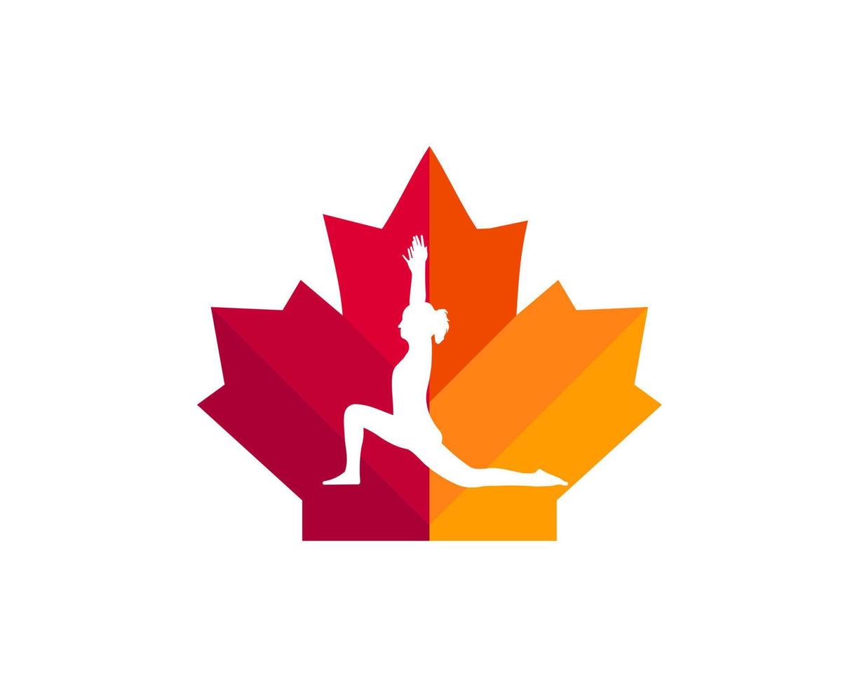 kanadisches Yoga-Logo. Ahornblatt mit weiblichem Yogavektor. Ahorn-Freiheit-Yoga-Mädchen-Logo-Design vektor