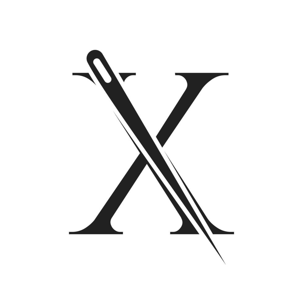 buchstabe x schneiderlogo, nadel- und fadenkombination zum sticken, textil, mode, stoff, stoffvorlage vektor
