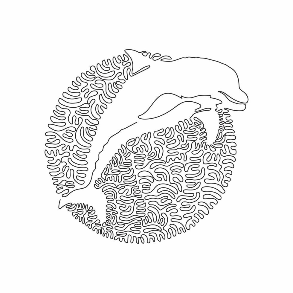 kontinuerlig ett kurva linje teckning av förtjusande delfin abstrakt konst i cirkel. enda linje redigerbar stroke vektor illustration av delfin Hoppar för logotyp, vägg dekor och affisch skriva ut dekoration