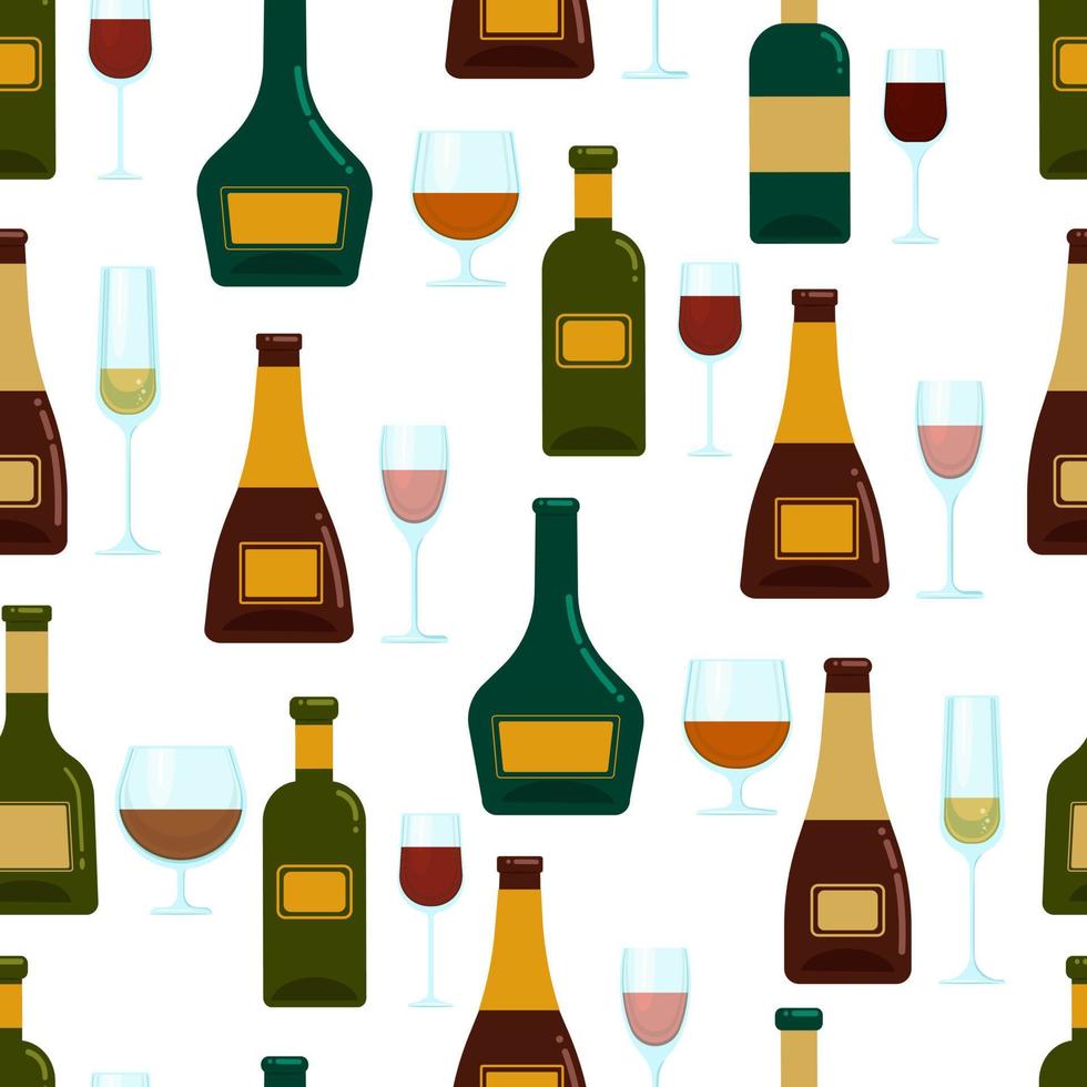 flaska och glas sömlös mönster, vektor bakgrund med alkohol.