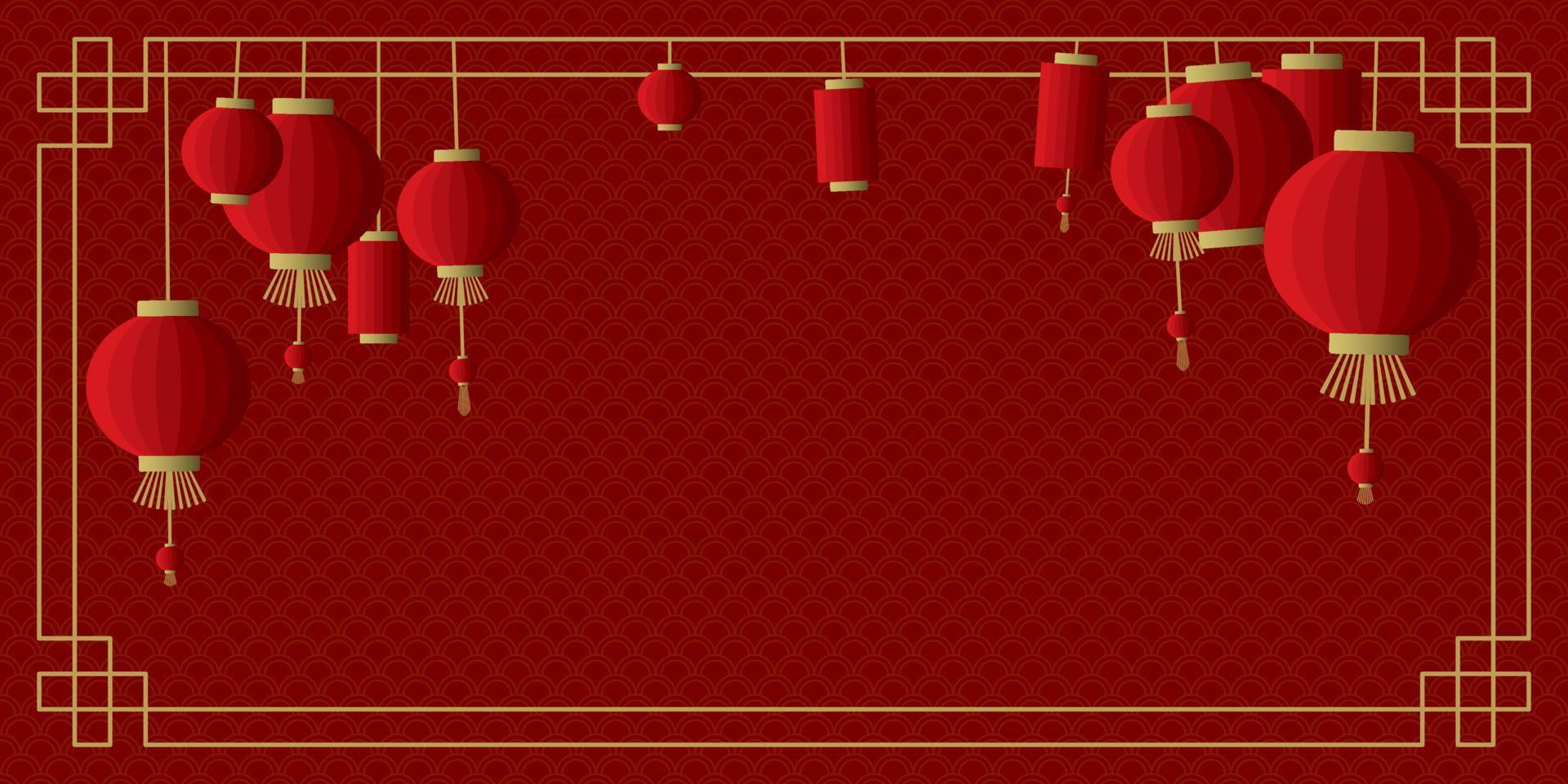 kinesisk årgång ram med lyktor på röd bakgrund ha tom Plats. vektor