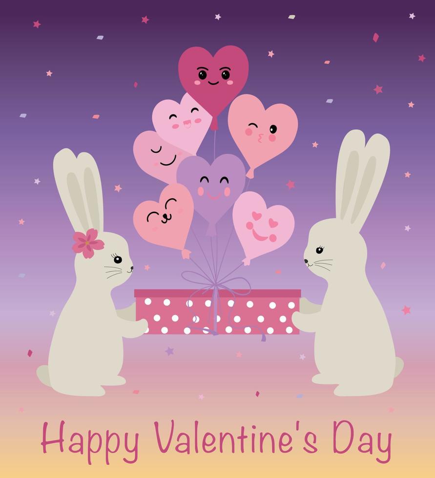 söt kaniner är innehav en gåva låda med ballonger på topp. hjärtans Semester kort. vektor illustration isolerat på en vit bakgrund