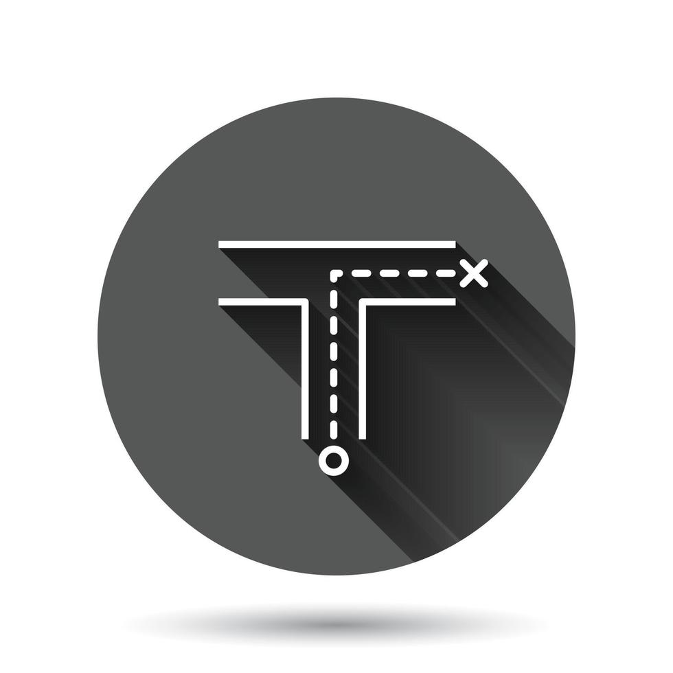 Kreuzungssymbol im flachen Stil. Straßenrichtungs-Navigationsvektorillustration auf schwarzem rundem Hintergrund mit langem Schatteneffekt. Suchen Sie Pin Position Kreis Schaltfläche Geschäftskonzept. vektor