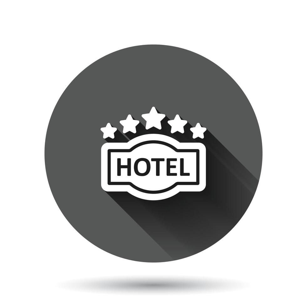 Hotel 5-Sterne-Schild-Symbol im flachen Stil. Inn-Vektorillustration auf schwarzem rundem Hintergrund mit langem Schatteneffekt. Herbergszimmer Informationen Kreis Schaltfläche Geschäftskonzept. vektor