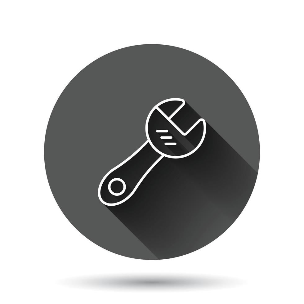 Schraubenschlüssel-Symbol im flachen Stil. Schraubenschlüssel-Vektorillustration auf schwarzem rundem Hintergrund mit langem Schatteneffekt. Reparatur Ausrüstung Kreis Schaltfläche Geschäftskonzept. vektor