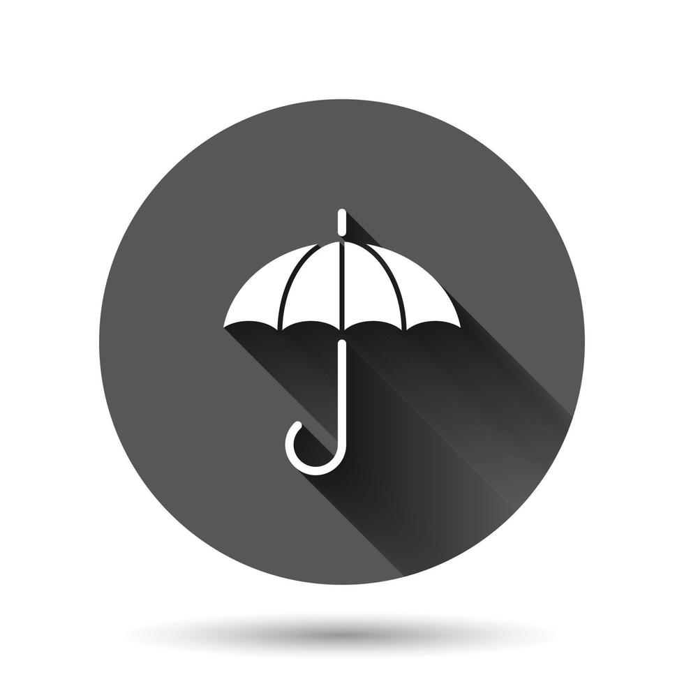 paraply ikon i platt stil. parasoll vektor illustration på svart runda bakgrund med lång skugga effekt. tak cirkel knapp företag begrepp.