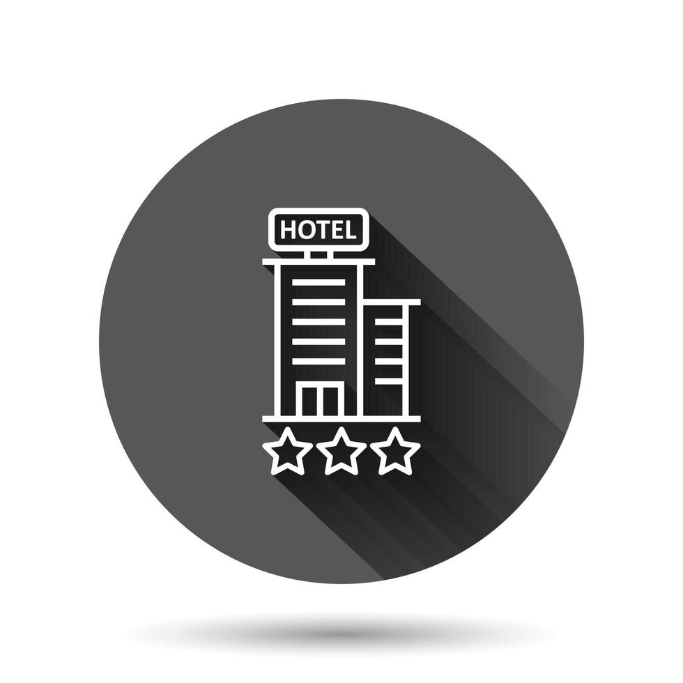 hotell 3 stjärnor tecken ikon i platt stil. värdshus byggnad vektor illustration på svart runda bakgrund med lång skugga effekt. vandrarhem rum cirkel knapp företag begrepp.