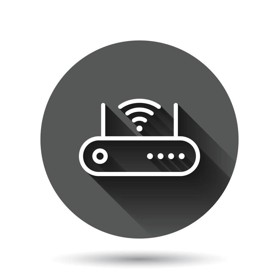 WLAN-Router-Symbol im flachen Stil. Breitbandvektorillustration auf schwarzem rundem Hintergrund mit langem Schatteneffekt. Internet-Verbindung Kreis Schaltfläche Geschäftskonzept. vektor