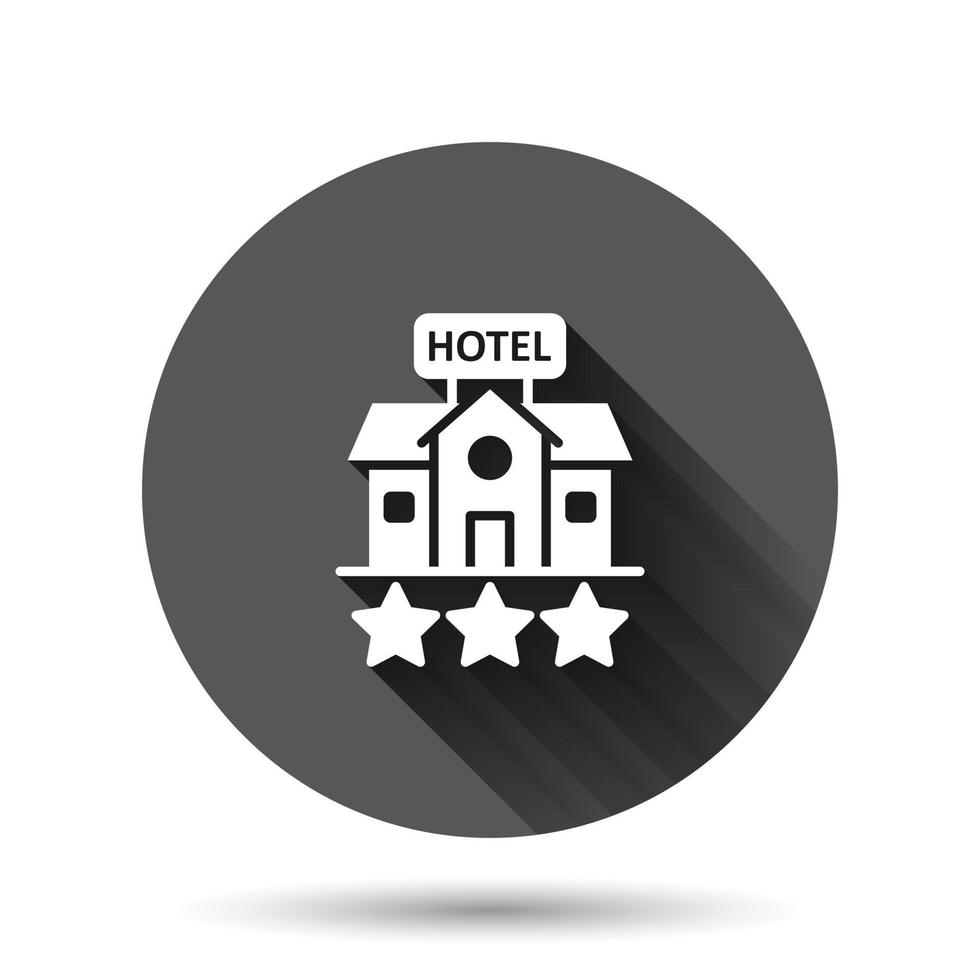 Hotel 3-Sterne-Schild-Symbol im flachen Stil. gasthausgebäude-vektorillustration auf schwarzem rundem hintergrund mit langem schatteneffekt. Hostel-Zimmer-Kreis-Schaltfläche Geschäftskonzept. vektor