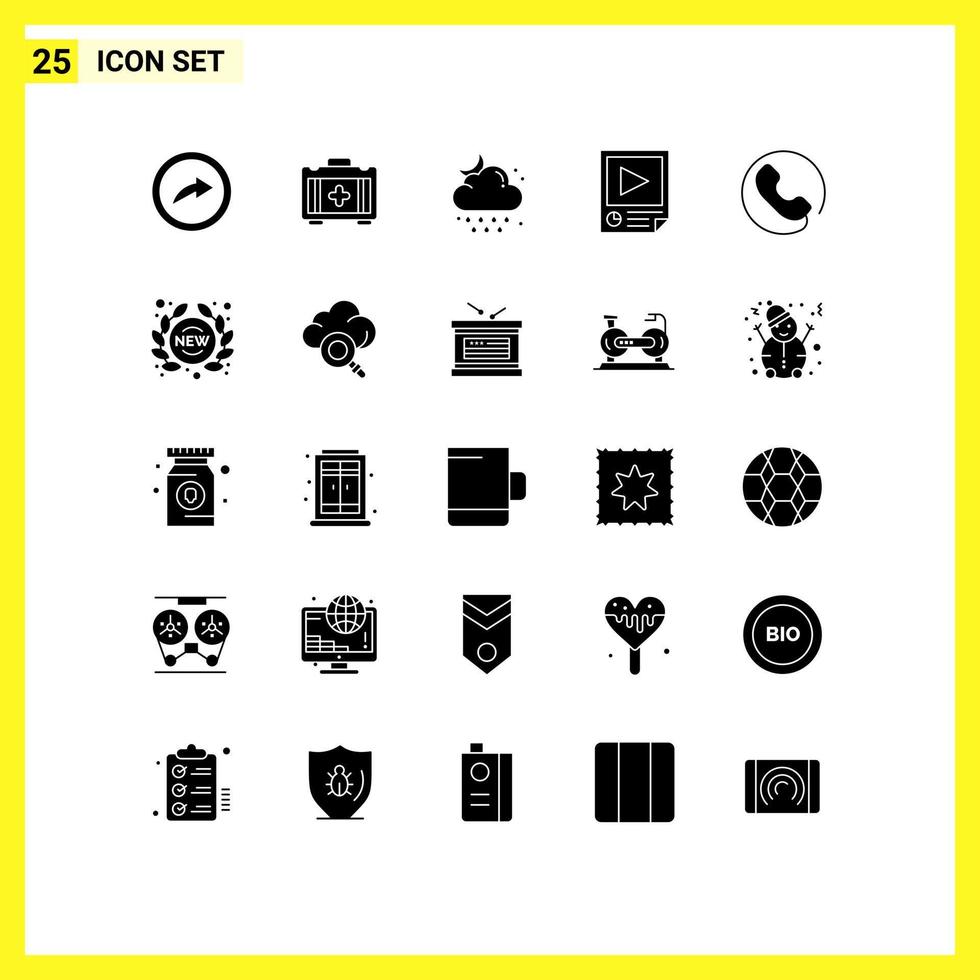 25 användare gränssnitt fast glyf packa av modern tecken och symboler av ring upp Rapportera regn uppspelning sida redigerbar vektor design element