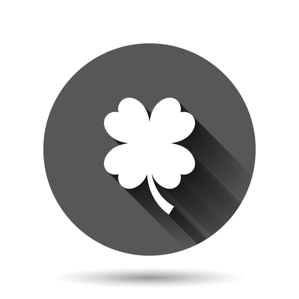 fyra blad klöver ikon i platt stil. st patricks dag vektor illustration på svart runda bakgrund med lång skugga effekt. blomma form cirkel knapp företag begrepp.