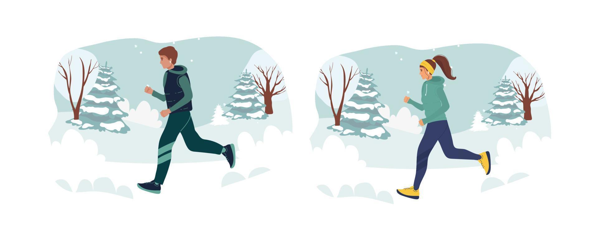 Laufende sportliche Frau, Mann in einer Jacke, warme Kleidung läuft vor dem Hintergrund der Winterlandschaft. junges Mädchen treibt Sport. handgezeichnete vektordesignillustrationen. Karikatur. läuft im Winter vektor