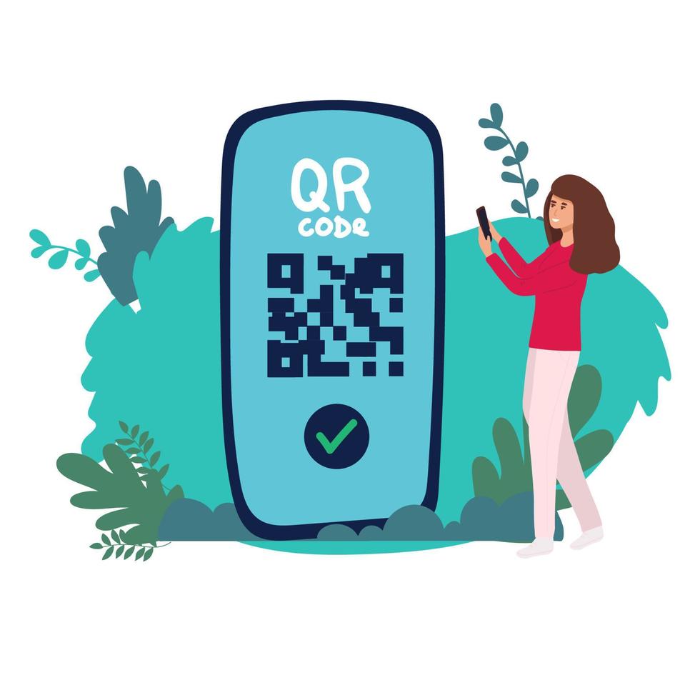 baner landning sida qr koda läser in ikon i smartphone. hand innehav mobil telefon i linje stil, streckkod scanner för betala, webb, mobil app, kampanj. vektor illustration