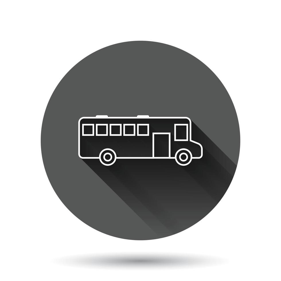 Bus-Symbol im flachen Stil. Trainervektorillustration auf schwarzem rundem Hintergrund mit langem Schatteneffekt. Autobus-Fahrzeug-Kreis-Schaltflächen-Geschäftskonzept. vektor