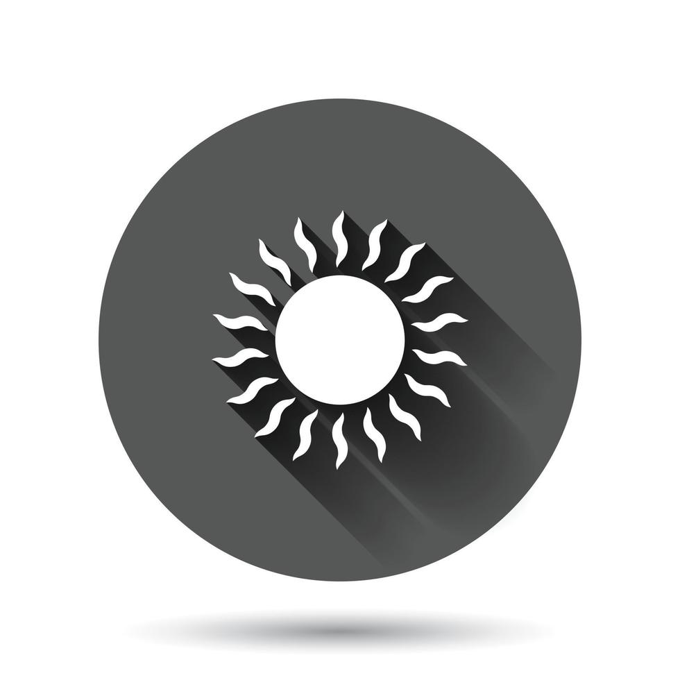 Sol ikon i platt stil. solljus tecken vektor illustration på svart runda bakgrund med lång skugga effekt. dagsljus cirkel knapp företag begrepp.