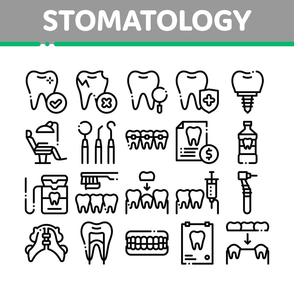 Stomatologie Sammlung Vektor dünne Linie Symbole gesetzt